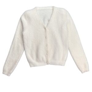 Vintage White Day Faux Angora V-neck Women's Handmade Cardigan Cottagecore Basic